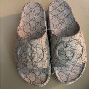 Gucci Beige Monogram Slide Sandals with GG Embossed Strap